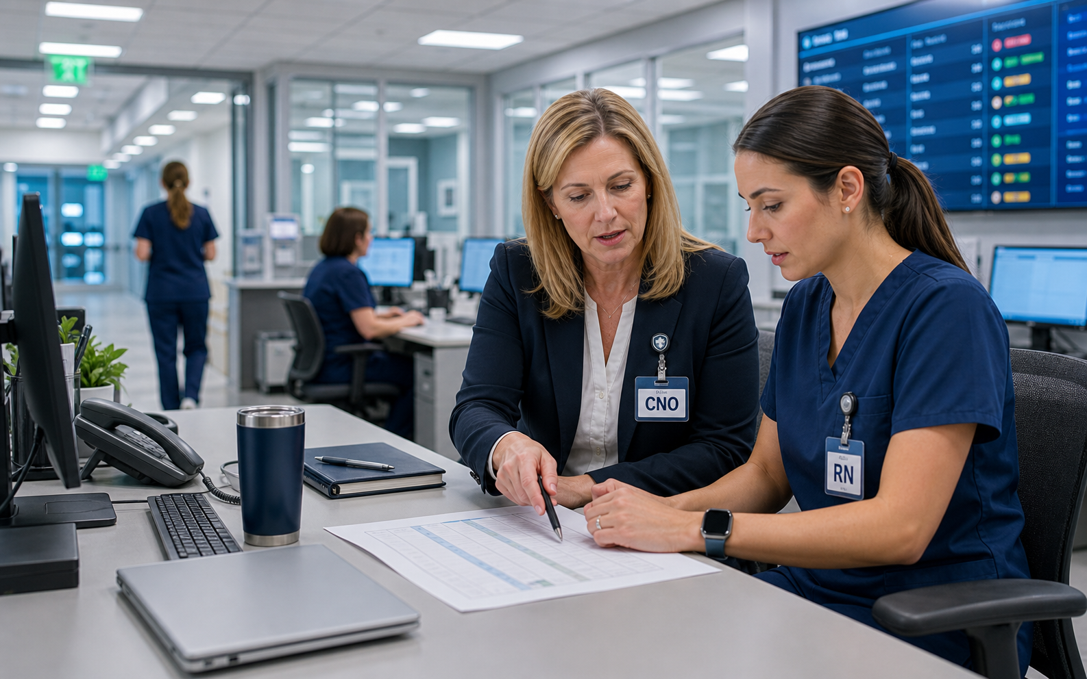 Coordinator and hospital manager reviewing credential documentation